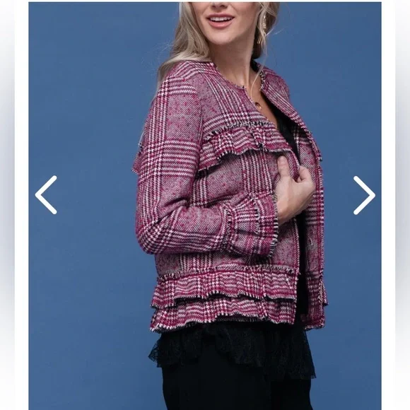 Plaid Ruffle Trim Blazer Jacket Pink Black and White Plaid Size M (Pleione) - Picture 3 of 16